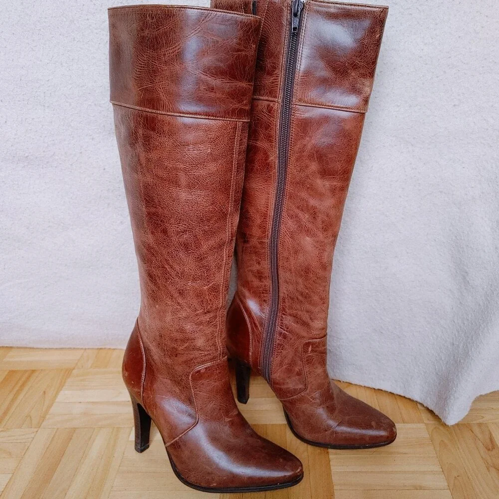 ๐ฏ% real leather Knee High heeled brown Boots - Picture 1 of 16